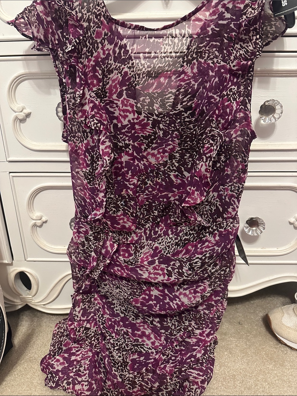 Express Purple Printed Ruffle Midi Dress